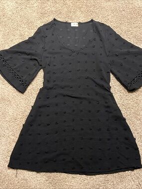 Black Swiss Dot V-Neck Mini Dhift Dress with Eyelet Trim wide bell sleeves